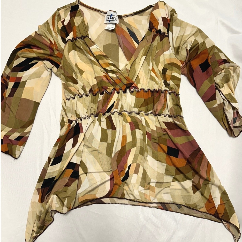 VTG 70s Y2k Geometric Ruched‎ Tunic Top Women Med Retro Boho Whimsy Flare Sleeve